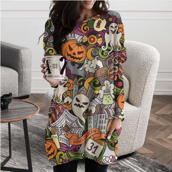 

casual dresses women fashion dress spring autumn long sleeve printed halloween cool o-collar loose with pockets pullover clothes, Black;gray