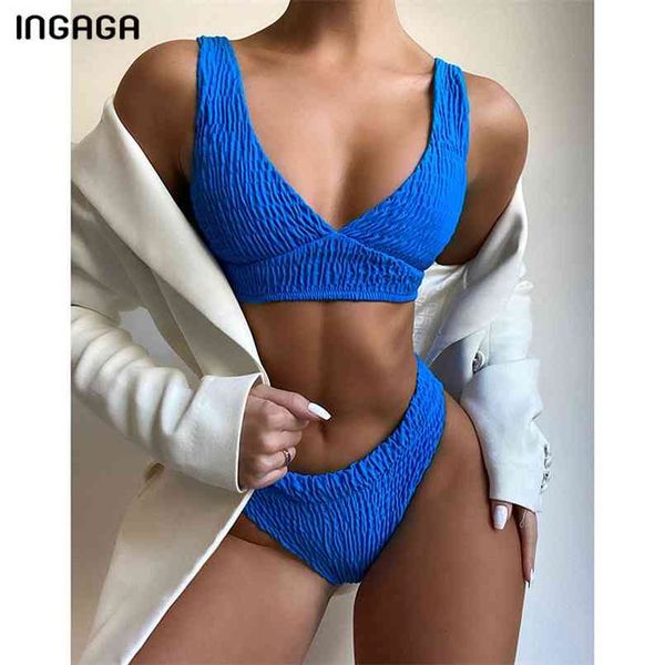 

ingaga bikinis push up swimwear women's swimsuits v-neck bathing suit women high cut bikini set ruched biquini summer 210722, White;black