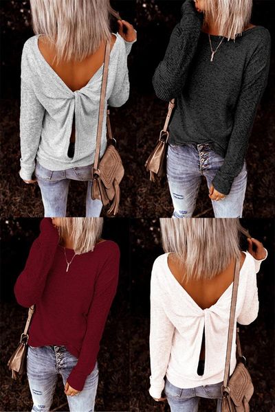 

women's t-shirt european and american net red models 2021 casual temperament open back knotted sweater long-sleeved slim, White