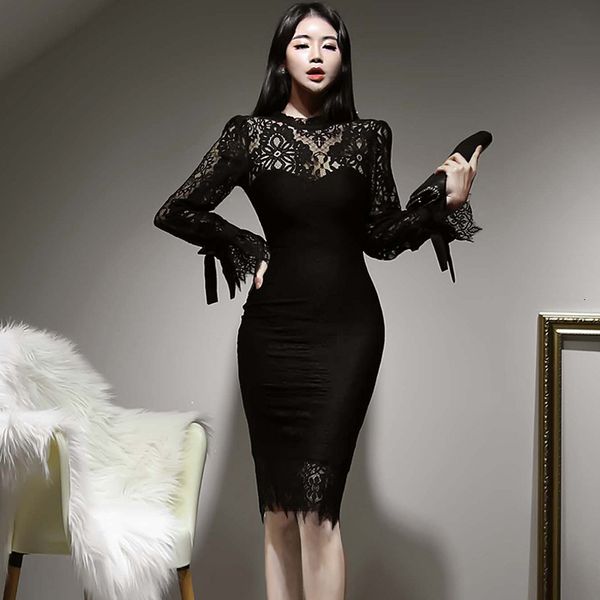 

spring korean waistline dressed in lacy hip sack midi hem girly dress party t7668 x95s, Black;gray