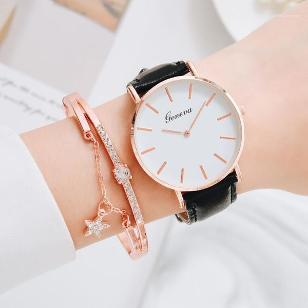 

wristwatches simple fashion watch women leather bracelet set ladies dress quartz wrist women's clock relogio feminino, Slivery;brown