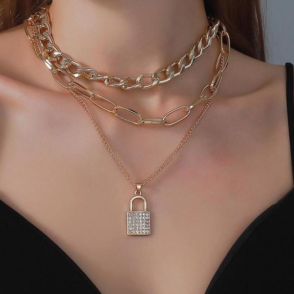 

pendant necklaces crystal lock necklace 3-layer thick chain for women jewelry & pendants charms jewellery kolczyki scf223, Silver