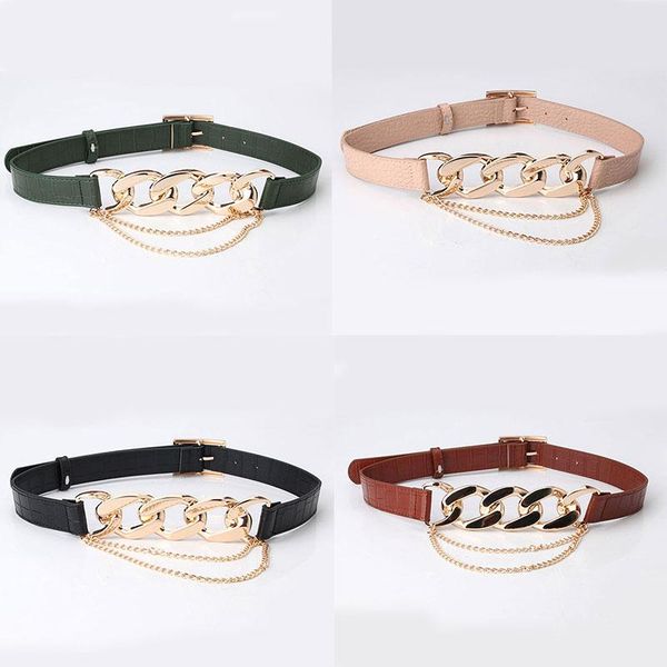 

belts punk fashion women designer pu thick chain waist strap dress coat sweater lady decorative waistband, Black;brown