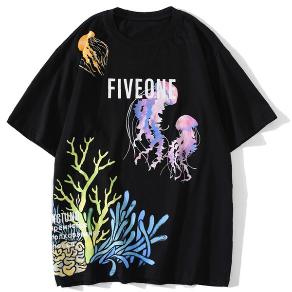 

aelfric 2021 new eden hip hop t shirt men jellyfish seaweed print casual tshirts streetwear summer loose cotton short sleeve shirts 3sdk, White;black