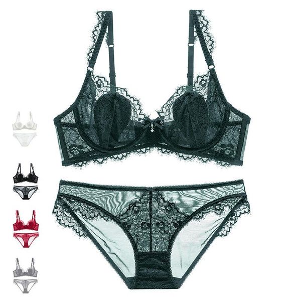 

bras sets gather adjusted thin cup lingerie bra set underwear transparent temptation for women high waist & brief, Red;black