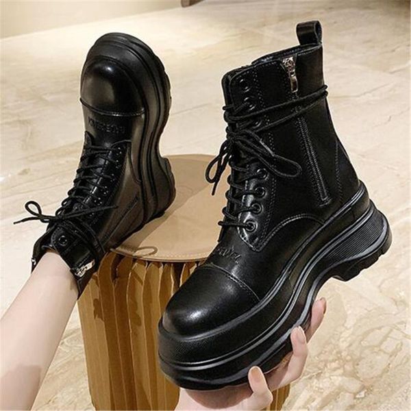

boots spring women army combat ankle female lace up shoes gothic platform leather chunky heels sneakers fashion botas mujer, Black