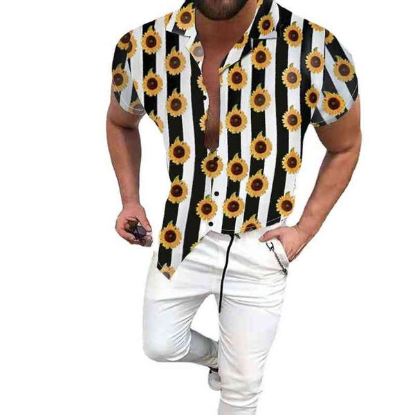 

2021 summer men's beach print casual loose lapel top, White;black