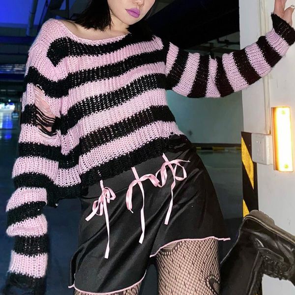 

women's sweaters lady striped o neck split hole jumpers rock cool pullover streetwear gothic punk women hollow out broken short sweater, White;black