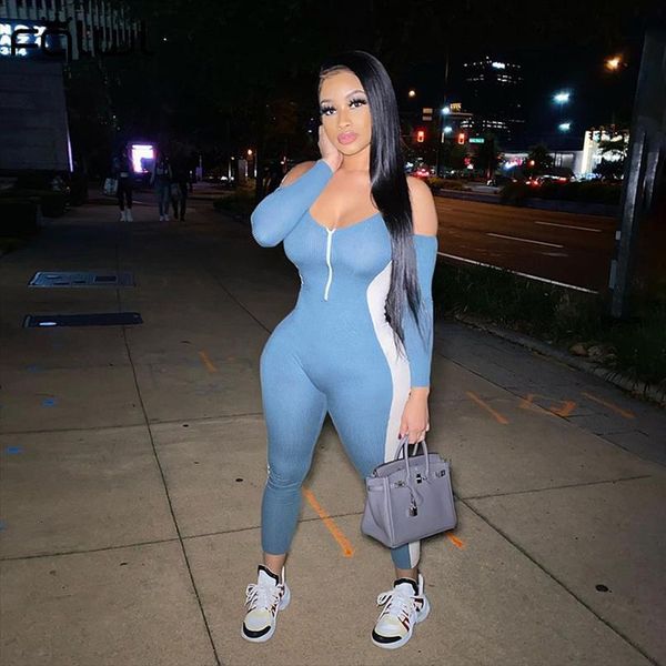 

off shoulder streetwear women jumpsuits bodycon one piece outfits ribbed long sleeve ladies female, Black;white