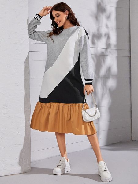 

drop shoulder colorblock smock dress x2p5#, White;black