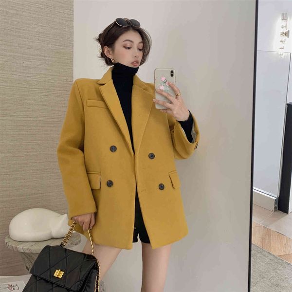 

women's wool & blends madam from the office wear blazer woman's jacket casual solid double breasted long sleeve taped collar fishi, Black
