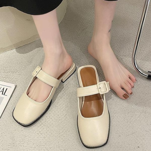 

slippers rimocy fashion buckle mule women 2021 beige square toe low heel sandals woman slip on pu leather office summer footwear, Black