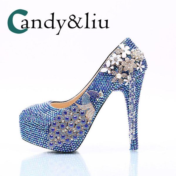 

bright dazzling blue crystal wedding shoes women super high heel rhinestone phoenix pumps party evening dress nightclub banquet, Black