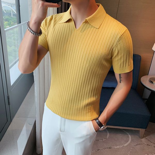 

men's polos summer solid short sleeve striped polo shirts men clothing 2021 turn down collar casual slim fit knitted t, White;black