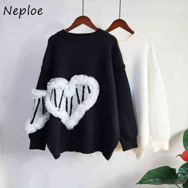 

neploe love-heart patch design sweater pullover female oversize loose knit mujer 2021 long sleeve sweaters outer wear y1110, White;black