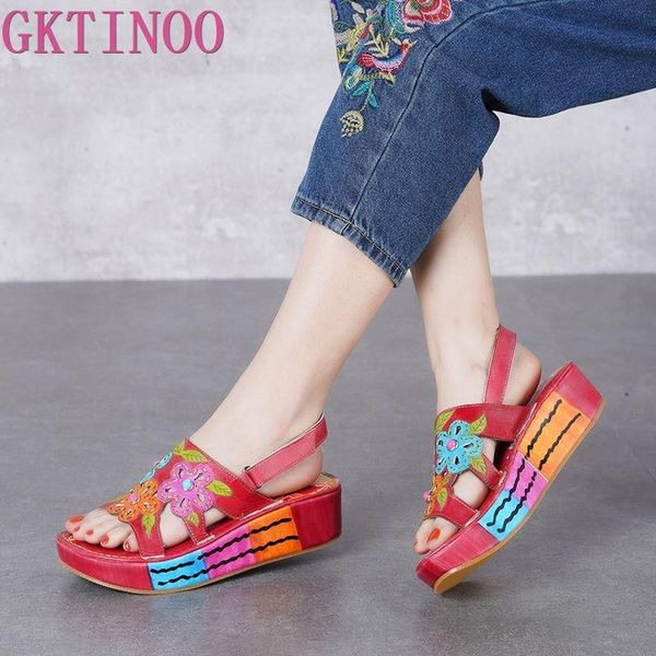 

dress shoes gktinoo 2021 summer women wedges platform sandals genuine leather open toe flower slingback lady large size, Black