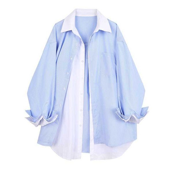 

spring turn-down neck striped solid double patchwork blouse casual loose fake two piece shirt japanese fashion 13a100 210525, White