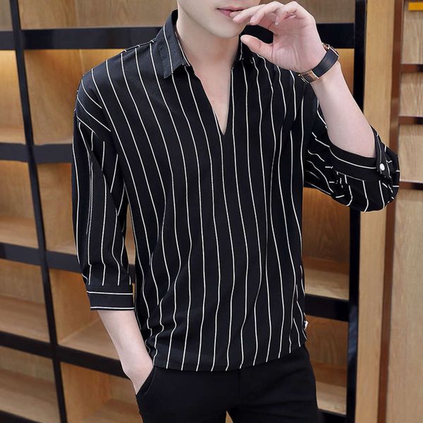 

20 summer new 7-point-sleeve ice silk shirt handsome printing korean men's fashion, White;black
