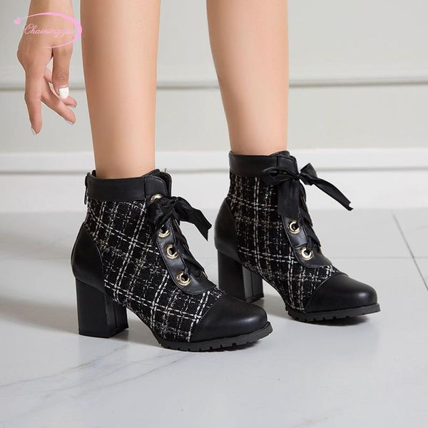 

boots party style round toe ankle fashion stripe lace-up zipper beige black high-heeled chunky riding women's shoes