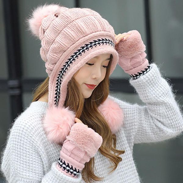 

caps & hats 2021 women thicken beanie ski snow cap fur pom winter female girls skullies warmer gloves + knit set, Yellow
