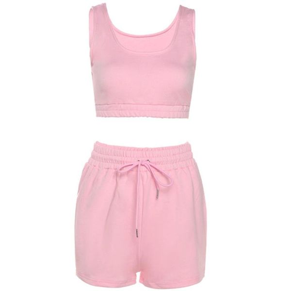 

women's shorts 066f women solid sportswear 2pcs sleeveless crop drawstring set tracksuit, White;black