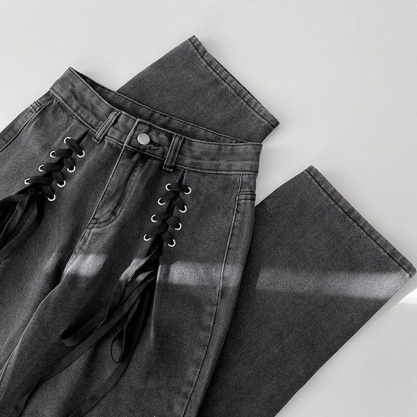 

women's jeans fashion jean women casual autumn bandage high waist wide leg pants femme black denim long trouser cotton bottoms, Blue