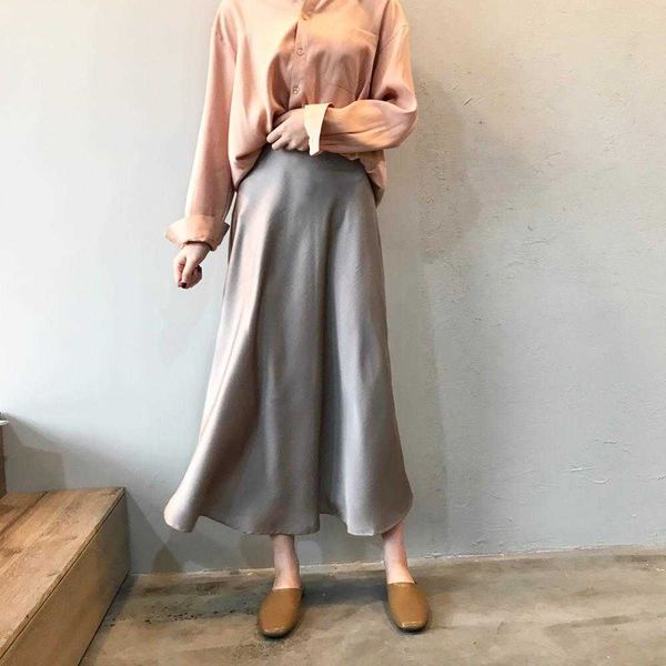

women summer long skirts vintage a-line ankle-length empire black/champagne color lady satin skirt 210625
