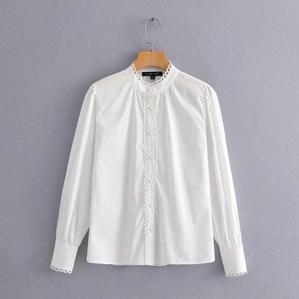 

women's blouses & shirts 2021 women elegant lace wave edge decprate white blouse stand collar office blusas chic autumn feminina ls424