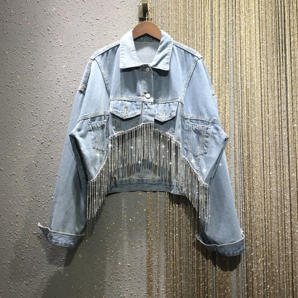 

2021 new spring summer turn-down collar long blue sleeve thin crystal rockets denim short female jacket b3a3, Black;brown