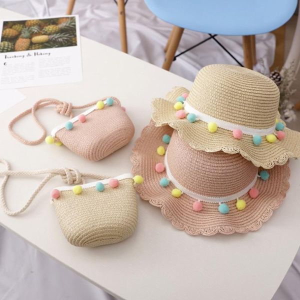 

cycling caps & masks 1 set of girls straw hat sunshade with zipper shoulder bag floral bow beach suitable for outdoor baby shower, Black