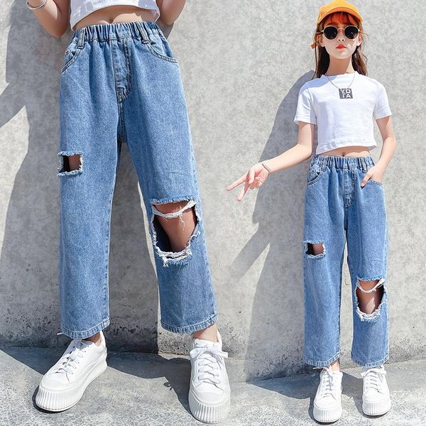 

jeans summer big hole girls denim pants 3-15 years old elastic waist children's trousers fashion solid kids casual clothes for girl, Blue