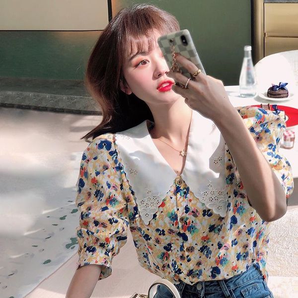 

women summer korean floral blouses letter 2021 blouse lapel short sleeve embroidered shirt blusas mujer de moda new, White