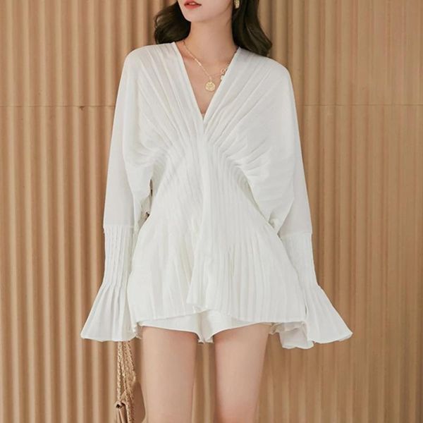 

women's blouses & shirts vintage white pleated blouse women flare long sleeve deep v neck dresses female fashion clothes girls