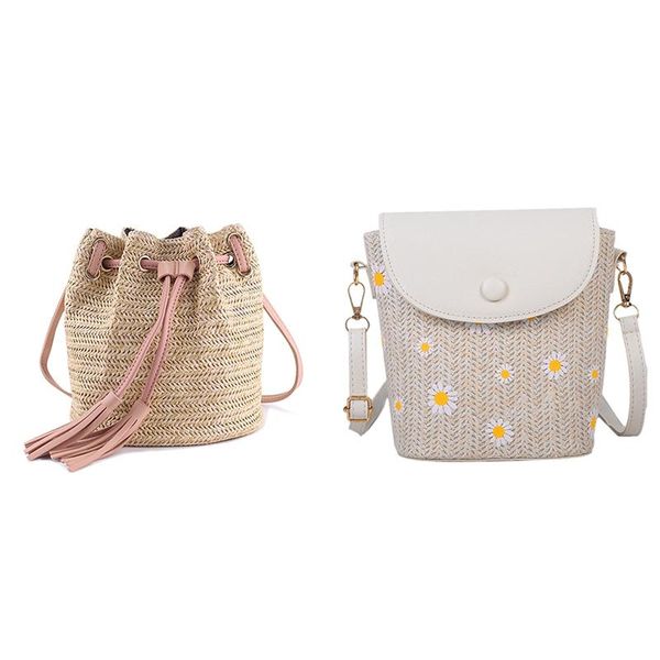 

evening bags 2 pcs messenger bag ladies fabric summer beach weaving crossbody women handbag pink & white