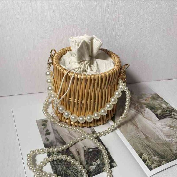 

bags pearl bag women's woven hand ins straw rattan messenger net red small single shoulder bucket round
