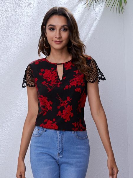

floral print guipure lace sleeve q7p1#, White
