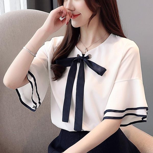 

blouses shirts bow round neck 2021 new shorts sleeve shirt casual feminine irregular camisas mujer spring women shirts 80a, White