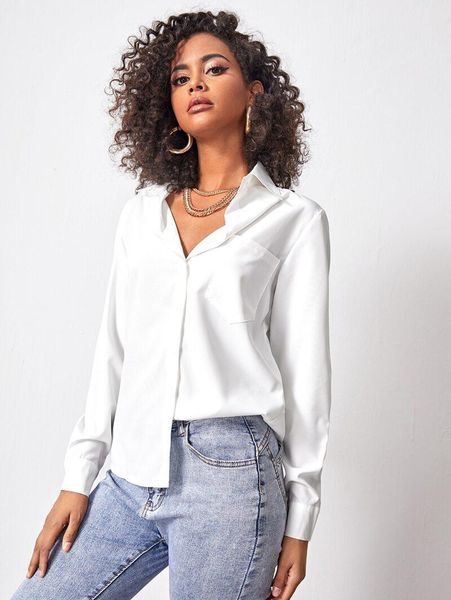 

women's polos patch pocket button front solid blouse, White
