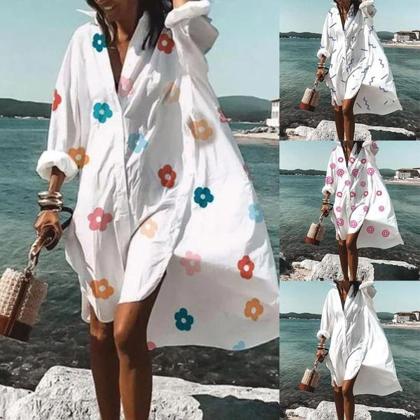 

casual dresses women fashion white long sleeve floral print irregular large hem midi shirt dress for beach vacation, Black;gray