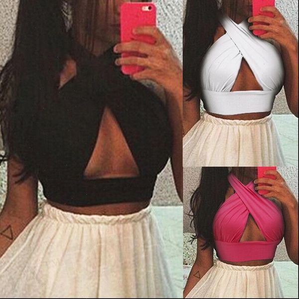 

women backless vest ladies halterneck bandage shirt tank bra solid spaghetti summer club beach casual, White