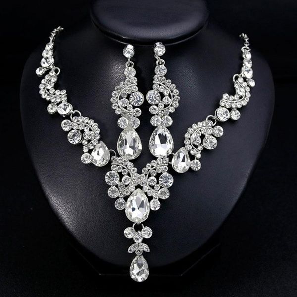 

earrings & necklace water drop rhinestone pendant full crystal plated set elegant bridal wedding jewelry accessories, Silver