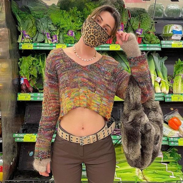 

women's sweaters vintage gradient print casual cropped ugly women v neck long sleeve knitted sweat shirts fairy grunge pullover, White;black