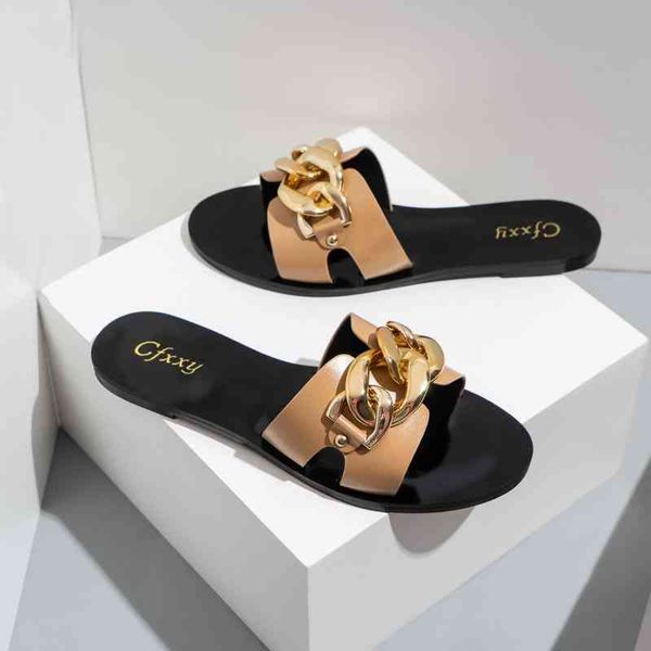 

official website 70% off outlet nieuwe dames slippers zomer slides fashion zwart metalen ketting versierd platte ronde neus vrouwen vrouweli, Black