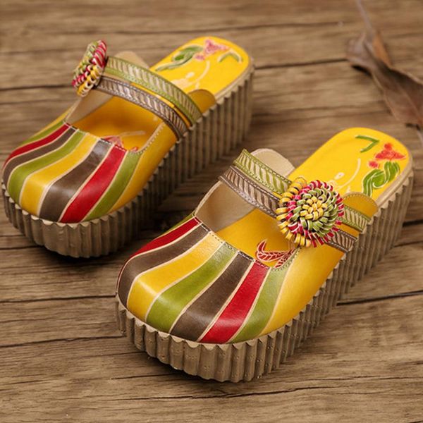 

2021 summer shoes women wedge slides girls cover toes handmade flower thick heels genuine leather lady house platform slippers, Black