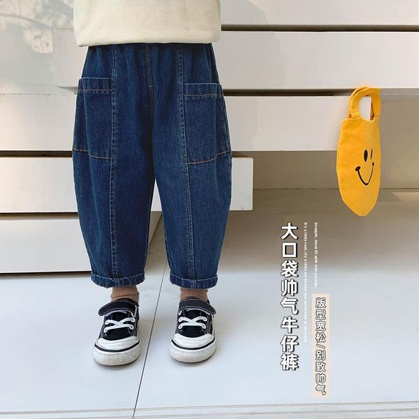 

boys' jeans spring and autumn new baby pure color straight pants korean fashion children's loose trouser 10-149, Blue