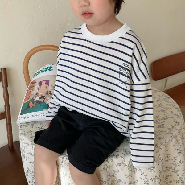 

cartoon printing loose striped sweatshirts kids cotton wide long sleeve t shirts children all match pullovers, Black