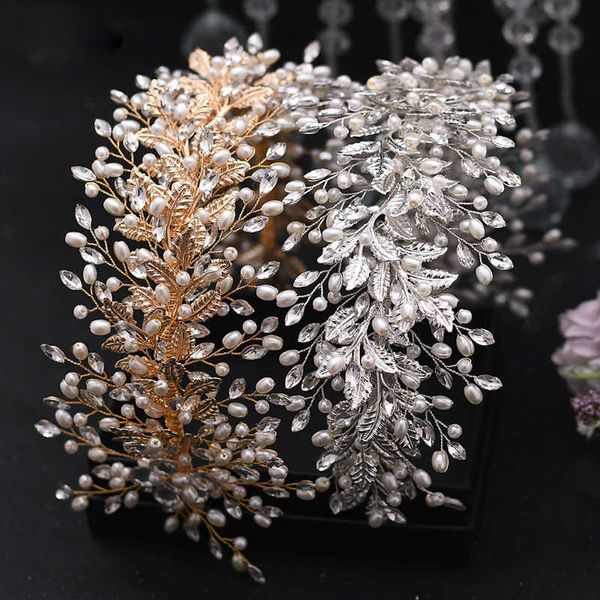 

slbridal luxury handmade flexible s crystals pearls wedding tiara headband bridal crown women hair accessories jewelry 210616, Slivery;golden