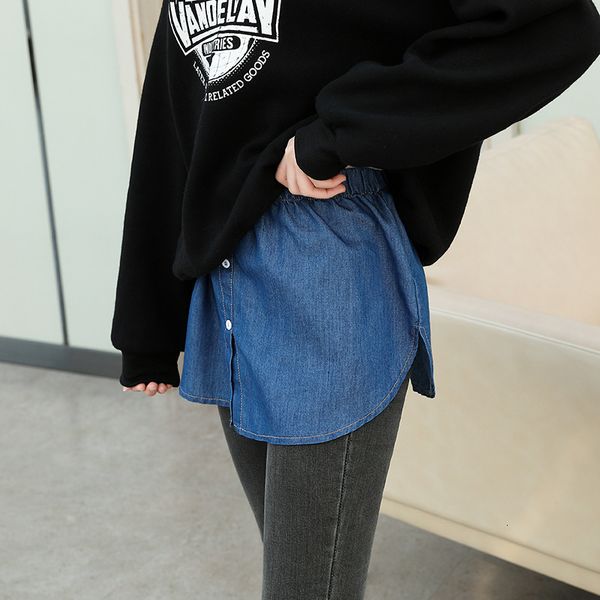 

2021 solid color fake hem shirt with bottom and denim a-line skirt, Black