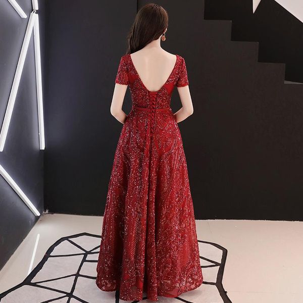 

slim lace sequins double v-neck dress evening dress chinese wedding toast improved qipao vestidos size s-xxl, Red