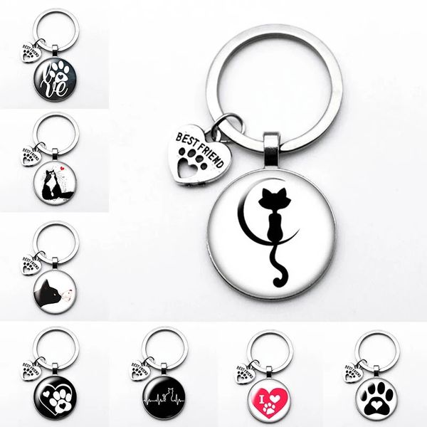 

love cat pet footprints dogs glass cabochon keychain bag car key chain ring holder charms keychains for men women gifts, Silver